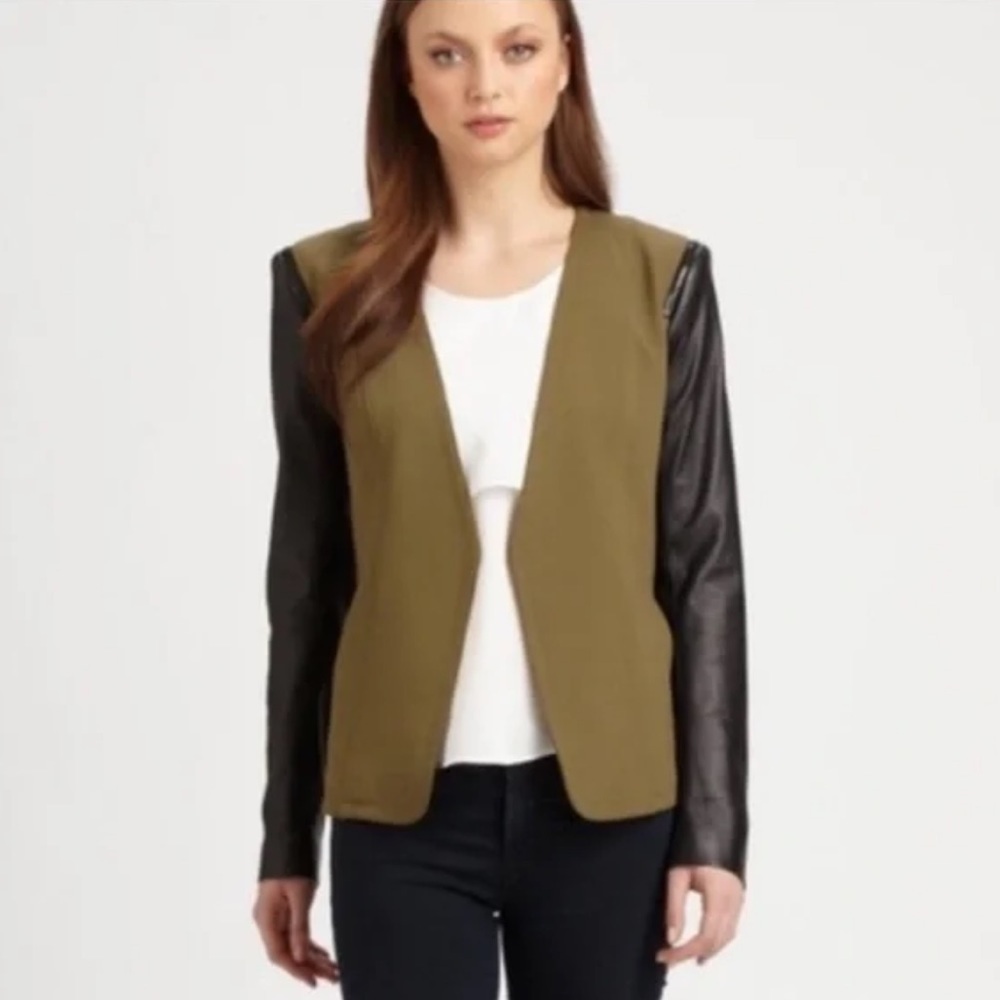 Theory Yaisa Pryor Leather Sleeve Blazer Jacket Olive Green & Black Large - Picture 16 of 16